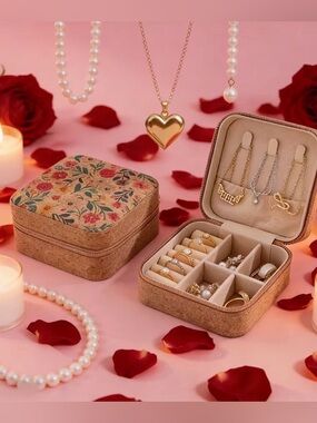 Cork Floral Mini Jewelry Travel Case with Organized Compartments New
